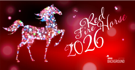 New year card for new 2026 year with red fire horse. Bokeh lights, festive atmosphere. Realistic vector. New year lettering.