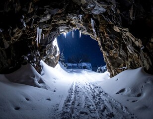 A dark, snowy tunnel with a bright exit