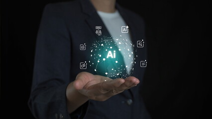 Close up of a businesswoman holding a glowing AI cloud icon with digital circuit lines representing cloud computing artificial intelligence and data storage technology innovation