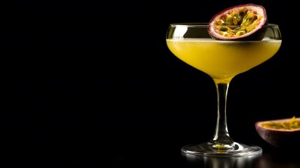 Elegant Passion Fruit Cocktail Against a Black Backdrop: A Vibrant and Refreshing Tropical Drink Presentation for Upscale Bars and Gourmet Publications