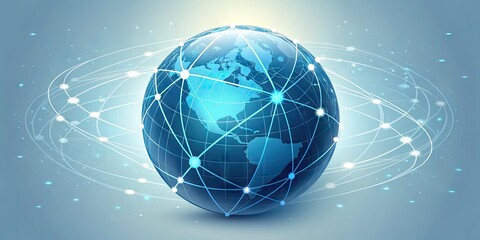 Futuristic minimal background of Digital connectivity globe, abstract node network wrapping a sphere, blue gradient glow