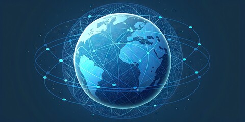 Futuristic minimal background of Digital connectivity globe, abstract node network wrapping a sphere, blue gradient glow