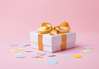 White gift box with gold ribbon and colorful confetti on pink background