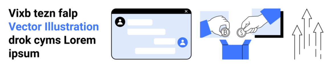 Obraz premium Digital communication, online payment, e-commerce, business growth, connections, success. A chat window, hand exchanging coins and upward arrows. Digital communication and online payment concepts