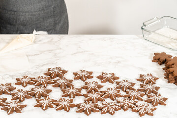 Decorating Snowflake Chocolate Ginger Sugar Cookies with Royal Icing and Sugar Crystals