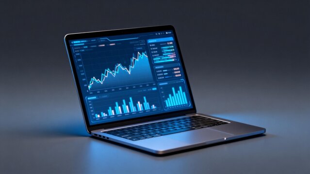 Laptop displaying financial data charts - Powered by Adobe