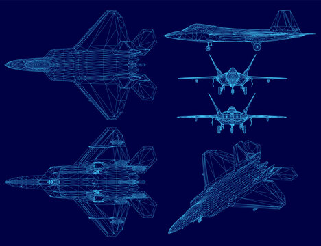 Blueprint of unique fighter jets in a symmetrical wireframe set. The combat aircraft designs contrast sharply against a solid blue background.