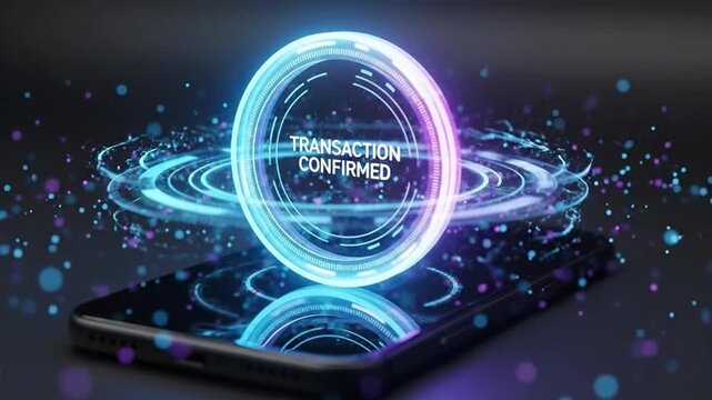Digital transaction confirmed on smartphone with glowing futuristic interface and particles