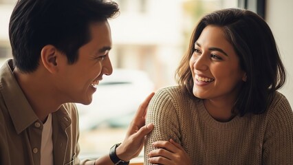 Joyful multiracial couple sharing a tender moment laughing intimately in a cozy cafe with soft window light