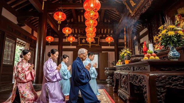 Chinese New Year of the Horse: Family prays in traditional temple with lanterns