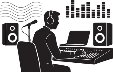 Music producer silhouette working on mixing console, creative industry concept.