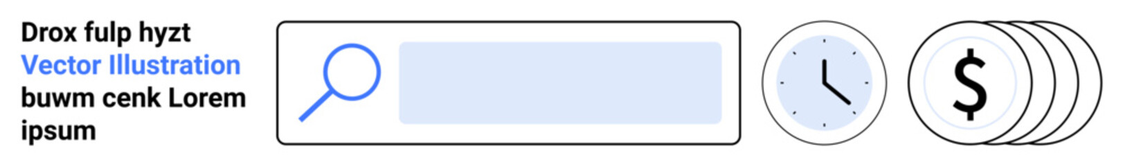 Obraz premium Digital tools, time management, financial planning, search functionality, online business, efficiency. Search bar with magnifying glass, clock icon and coins. Time management and digital tools