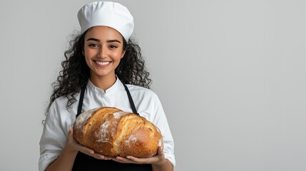 Smiling young female baker proudly presents a fresh, artisanal loaf of bread, embodying quality, passion, and culinary craftsmanship.