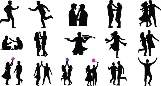 Collection of 18 black silhouettes of people in various dance poses and movements
