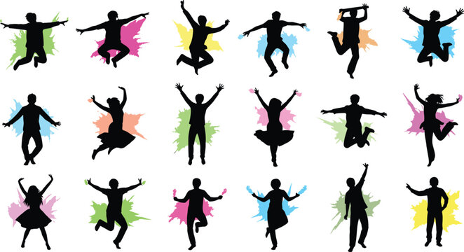 Silhouettes of people jumping and dancing in various poses with colorful backgrounds