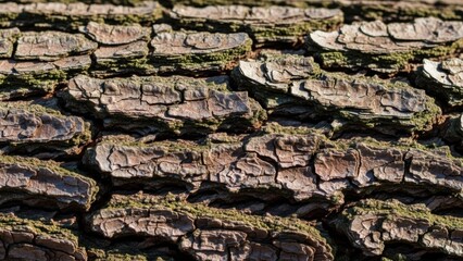 Close-up of textured tree bark, showing intricate details and patterns.
