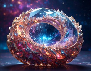 Faceted crystal ring sits against a cosmic background, radiating light. Intricate gold design embraces its exterior