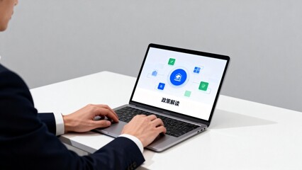 Person working on laptop with policy diagram