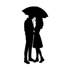 Silhouette of a couple holding umbrella, full length portrait isolated on white.