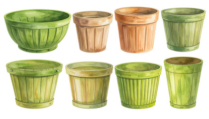Watercolor illustration of eight empty pots in various shapes and earthy tones
