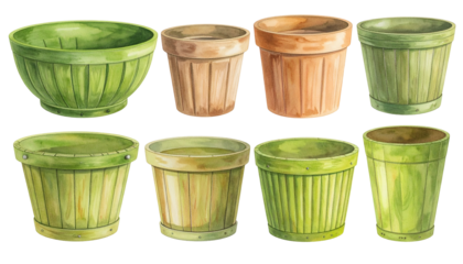 Watercolor illustration of eight empty pots in various shapes and earthy tones