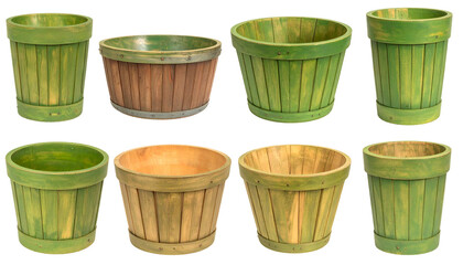 Grouped image of eight rustic, wooden containers painted in shades of green and wood tones