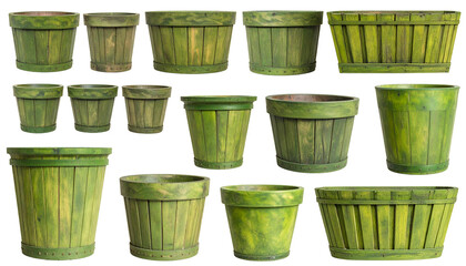 Assorted wooden flower pots, varying shapes and sizes, stained green, arranged on a black background