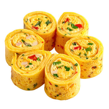 Gourmet mini omelette roll appetizers isolated on a clean white background, ideal for brunch promotions and finger food concepts