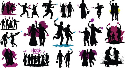 Collection of dancing silhouettes in various poses and colors