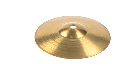 Close-up of a golden cymbal isolated against a stark black background