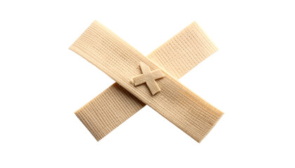 Two light-colored, crisscrossed bandages with a small bandage overlay on a black background