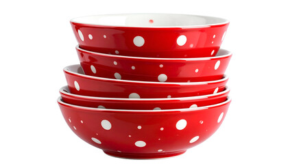 Stack of vibrant red ceramic bowls with white polka dots, isolated on a transparent background
