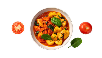 A white bowl of stew with potatoes, spinach, and tomatoes, with tomatoes flanking