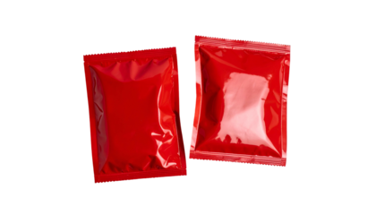 Two vibrant red sauce packets, one slightly open, isolated on a black background