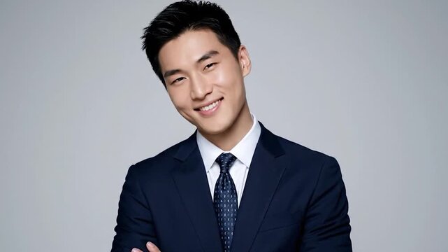 Smiling man in dark suit, white shirt, patterned tie