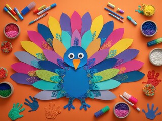 Large colorful paper turkey craft on orange table