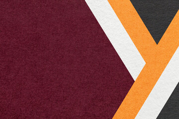 Abstract dark red textured paper background with white, orange, black geometric lines, copy space for graphic banner