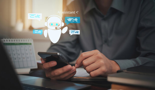 AI assistant interaction: person using smartphone chatbot powered by artificial intelligence, smart support systems, and machine learning for virtual assistant apps and digital communication - Powered by Adobe