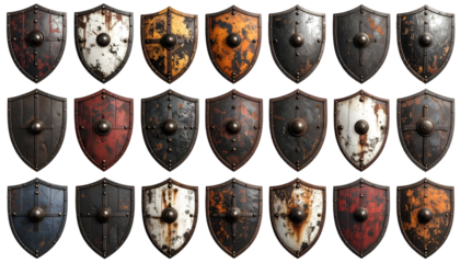 Collection of weathered medieval shields, diverse colors & rust, arranged in rows