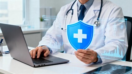 Doctor with digital health shield and laptop