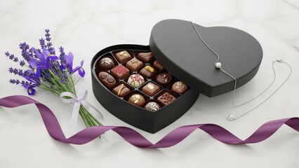 Elegant heart-shaped chocolate box with lavender bouquet and pearl necklace for valentine's day