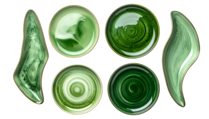 Six ceramic dishes of various greens and shapes, viewed from above, on black background
