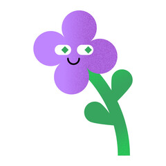 Happy Cartoon Purple Flower Character Illustration with Grainy Texture