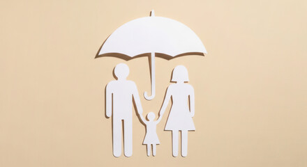 Family silhouette holding hands under a large umbrella, representing protection and togetherness, on a soft pastel background for visual storytelling