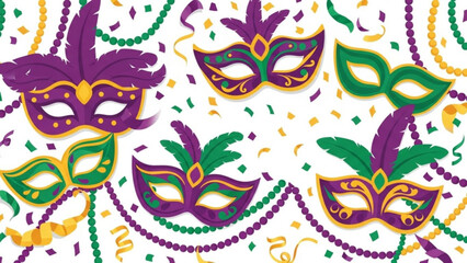 Fototapeta premium Mardi Gras Masks and Beads Pattern on White Background