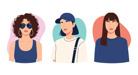 Obraz premium Portraits of three stylish young women featuring different hairstyles and trendy accessories like sunglasses and a baseball cap for avatars.
