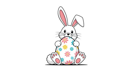 Fototapeta premium Adorable cartoon Easter bunny holding a colorful patterned egg for holiday celebration and kids party decoration or greeting card graphics.