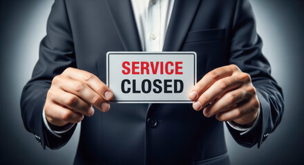 Business professional holding a sign that reads 'Service Closed,' conveying a message of temporary unavailability in a corporate environment