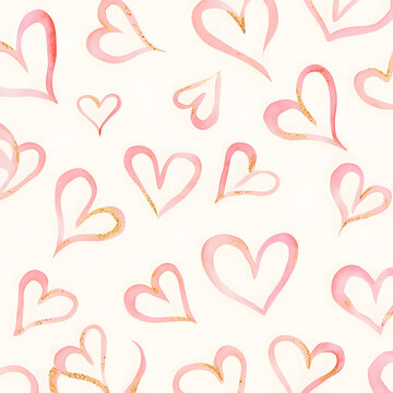 seamless watercolor pink hearts pattern with gold gitter accent, garland, high resolution, no shadows, flat color, detailed