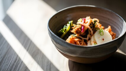 Close-up of a rustic bowl filled with vibrant, fresh kimchi, a traditional Korean fermented dish, artfully arranged with light streaming in